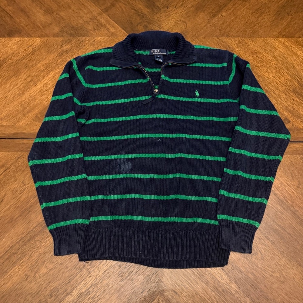 Polo Ralph Lauren Mens Large Quarter Zip Sweater Navy Green Striped Cotton Knit